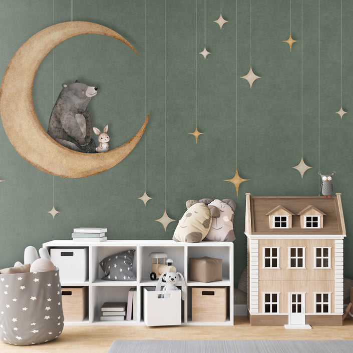 GDSE3541 Bear On The Moon Wallpaper Mural Premium Peel and Stick Material 26in Wide x 9 ft. Green