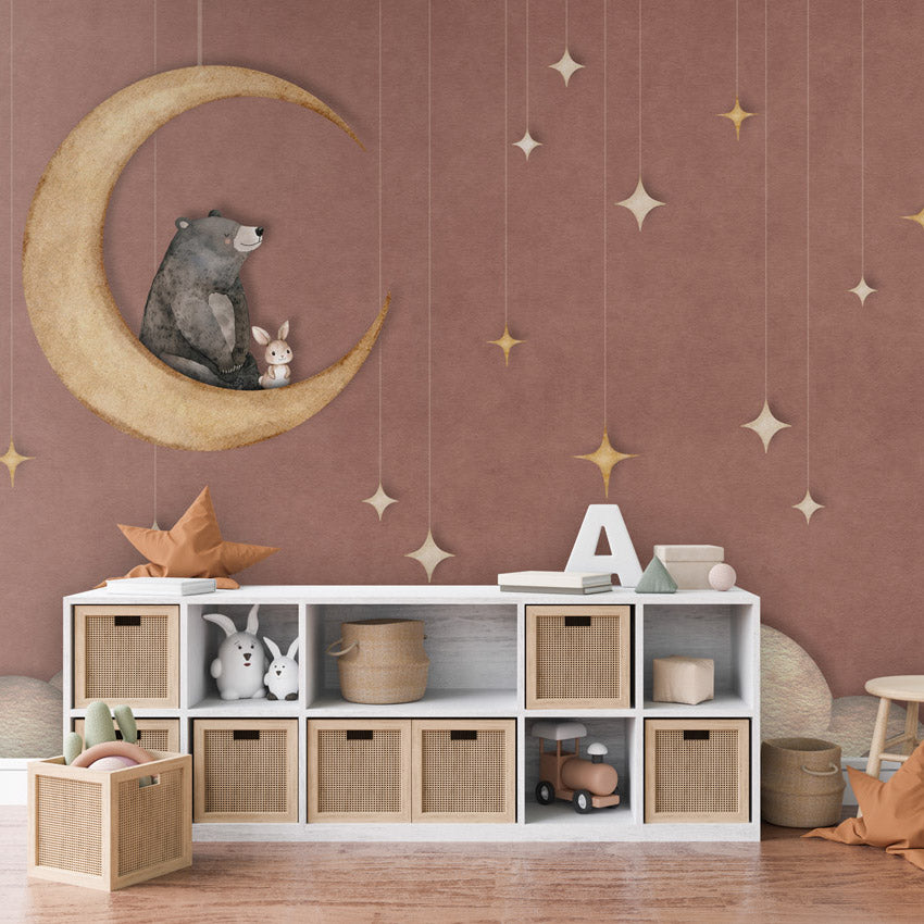 GDSE3542 Bear On The Moon Wallpaper Mural Premium Peel and Stick Material 26in Wide x 9 ft. Red