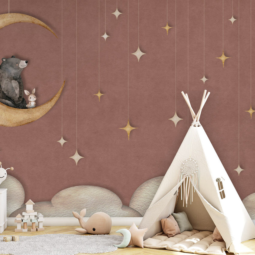 GDSE3542 Bear On The Moon Wallpaper Mural Premium Peel and Stick Material 26in Wide x 9 ft. Red