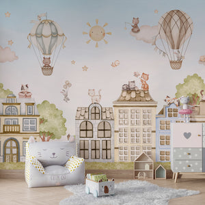 GDSE3560 City Cats Wallpaper Mural Premium Peel and Stick Material 26in Wide x 9 ft. Blue