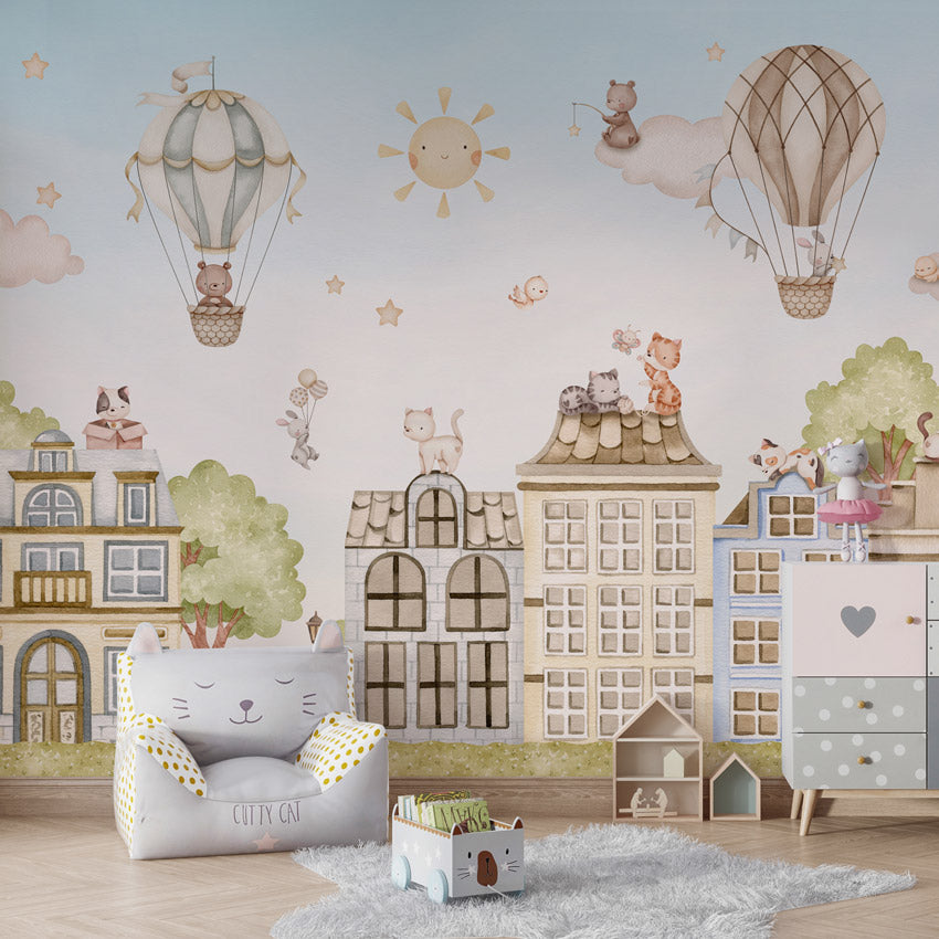GDSE3560 City Cats Wallpaper Mural Premium Peel and Stick Material 26in Wide x 9 ft. Blue