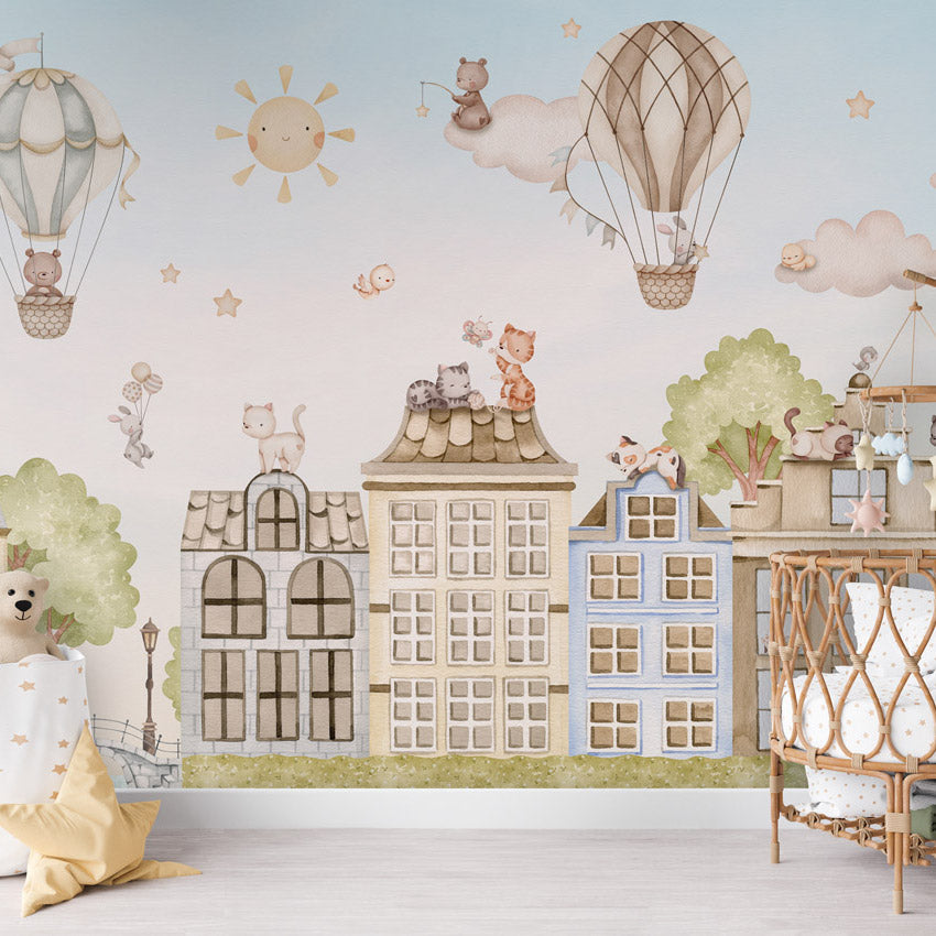 GDSE3560 City Cats Wallpaper Mural Premium Peel and Stick Material 26in Wide x 9 ft. Blue