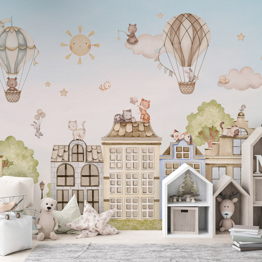 GDSE3560 City Cats Wallpaper Mural Premium Peel and Stick Material 26in Wide x 9 ft. Blue