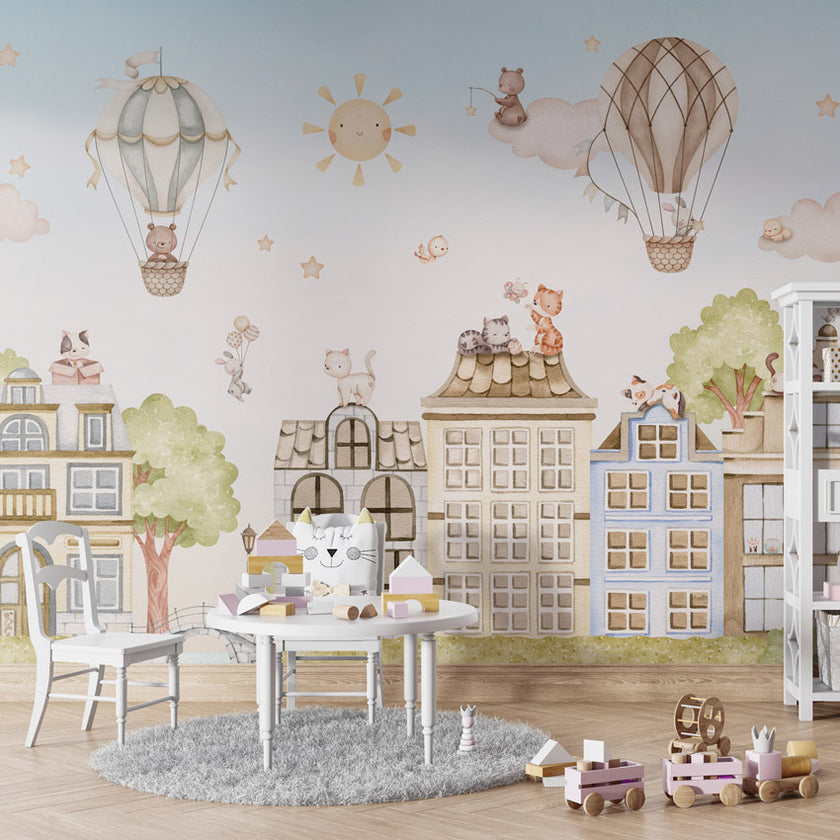 GDSE3560 City Cats Wallpaper Mural Premium Peel and Stick Material 26in Wide x 9 ft. Blue