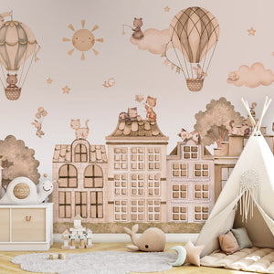 GDSE3561 City Cats Mono Wallpaper Mural Premium Peel and Stick Material 26in Wide x 9 ft. Pink