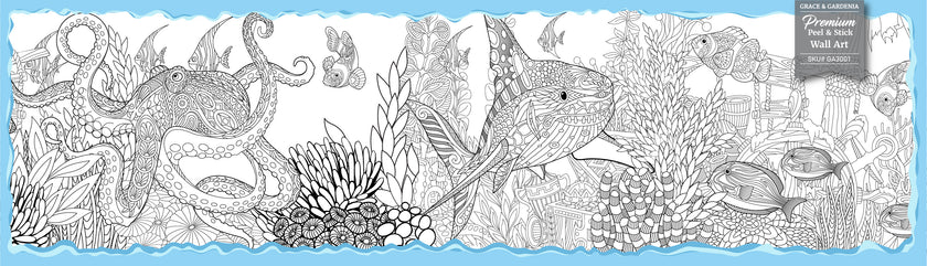 GA3001 Coloring Pages Ocean World  Peel & Stick Wall Art Teal Black 15in (W) x 52in (H)