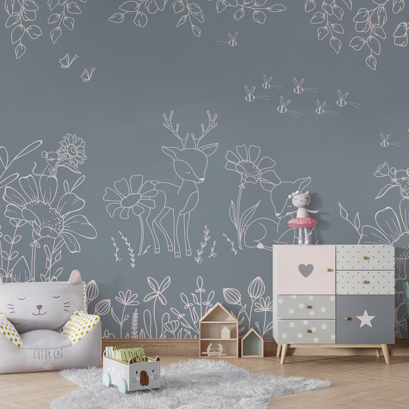 GDSE3570 Deer Doodles Wallpaper Mural Premium Peel and Stick Material 26in Wide x 9 ft. Blue White