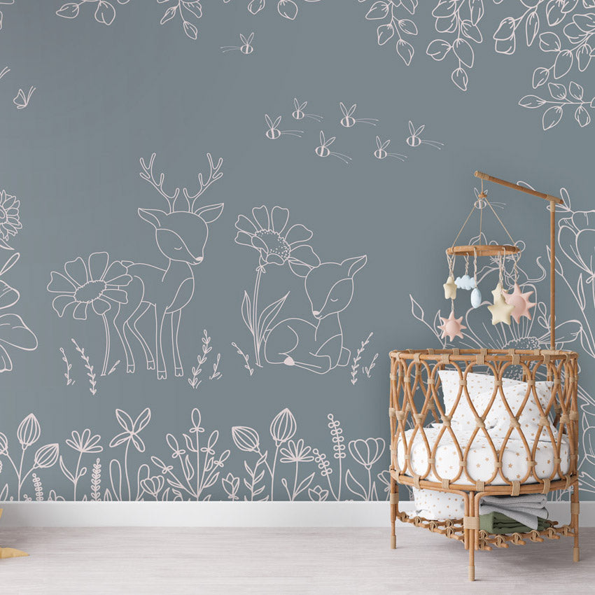 GDSE3570 Deer Doodles Wallpaper Mural Premium Peel and Stick Material 26in Wide x 9 ft. Blue White