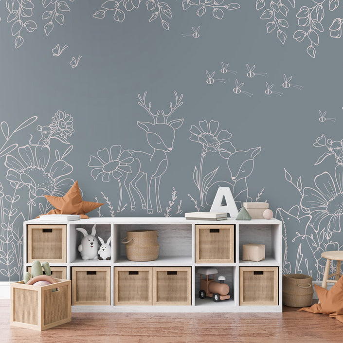 GDSE3570 Deer Doodles Wallpaper Mural Premium Peel and Stick Material 26in Wide x 9 ft. Blue White