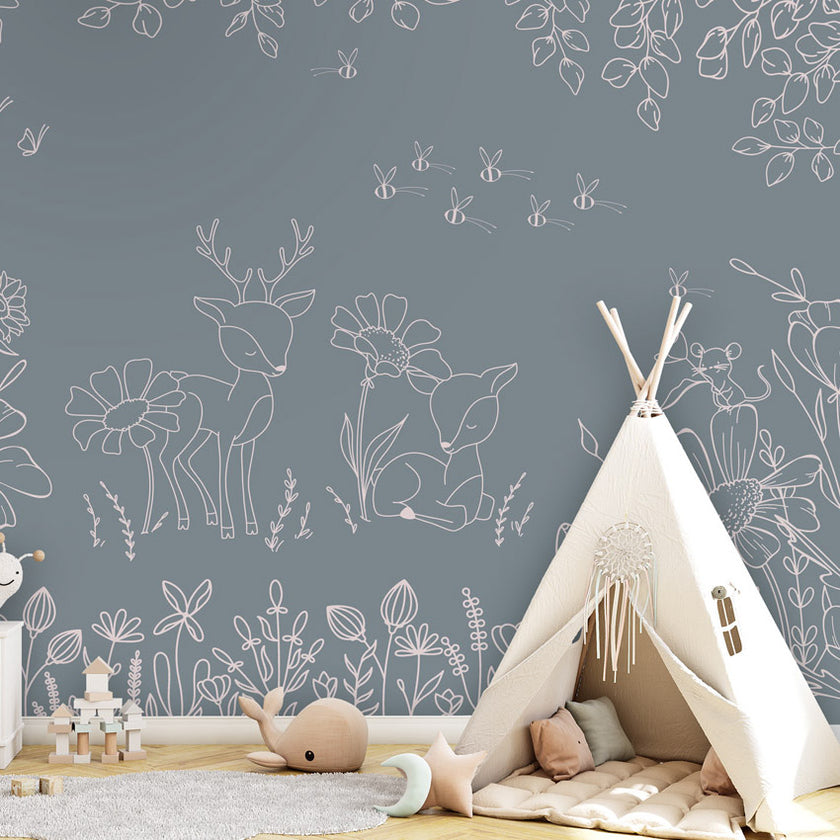 GDSE3570 Deer Doodles Wallpaper Mural Premium Peel and Stick Material 26in Wide x 9 ft. Blue White