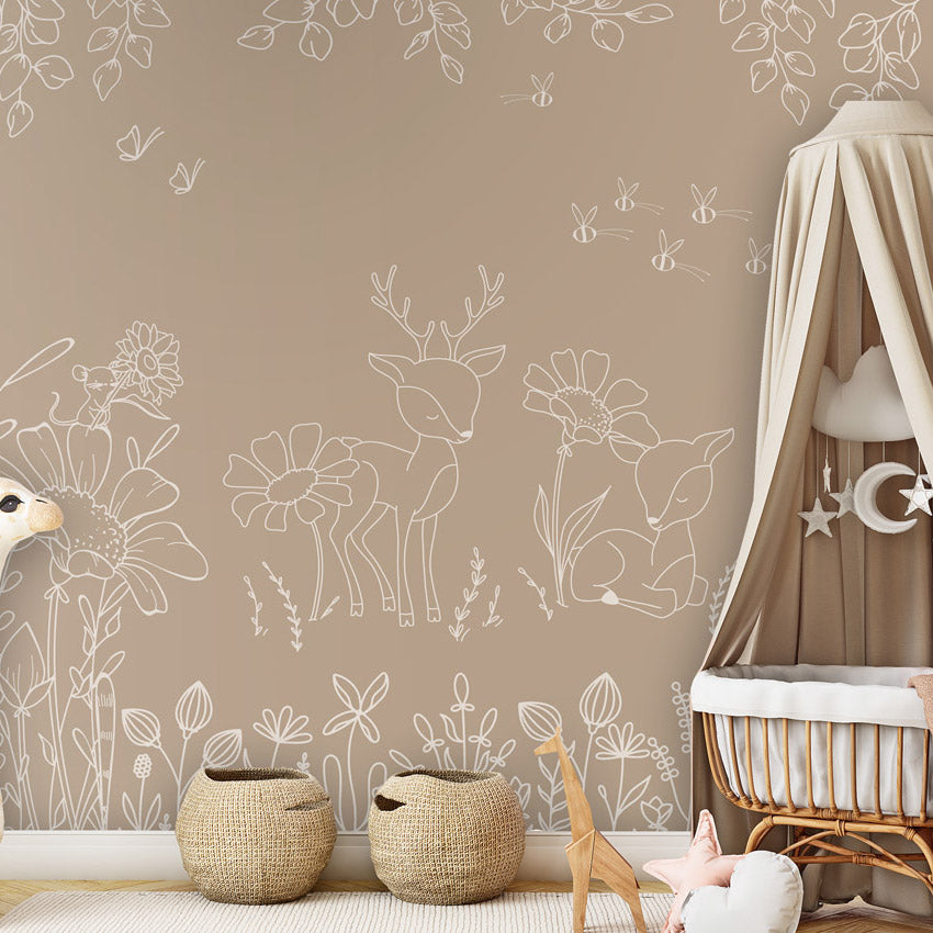 GDSE3571 Deer Doodles Wallpaper Mural Premium Peel and Stick Material 26in Wide x 9 ft. Brown White