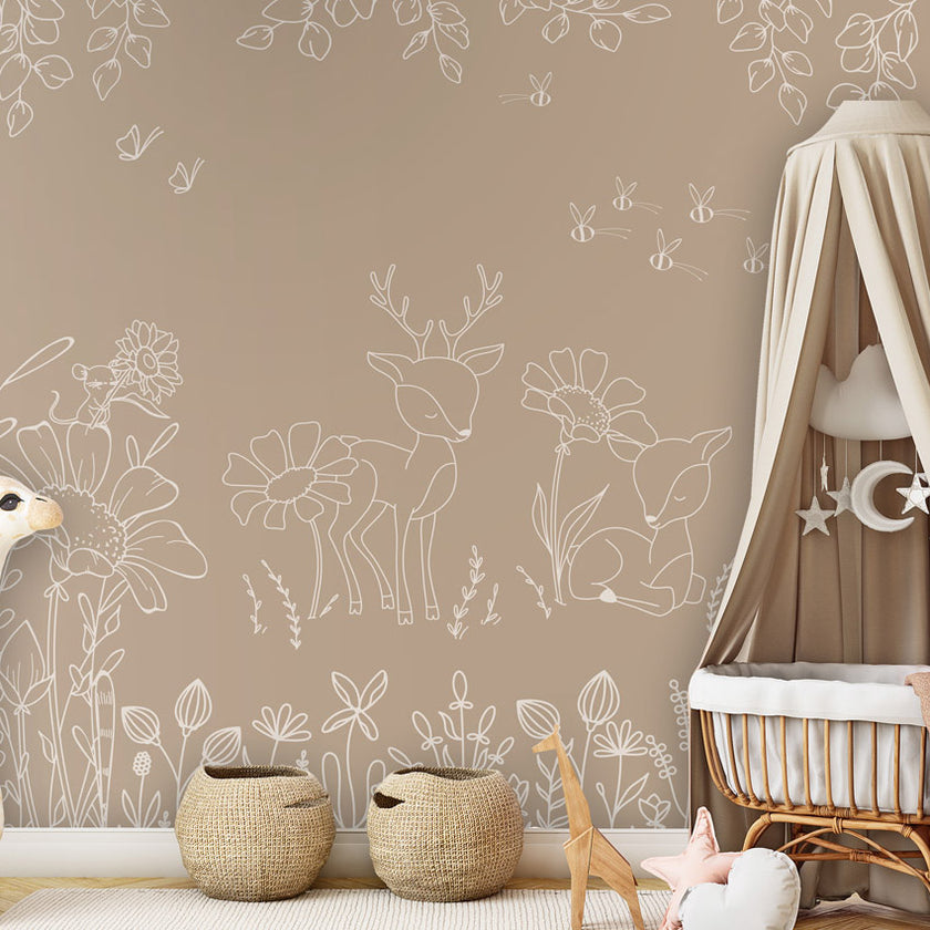 GDSE3571 Deer Doodles Wallpaper Mural Premium Peel and Stick Material 26in Wide x 9 ft. Brown White