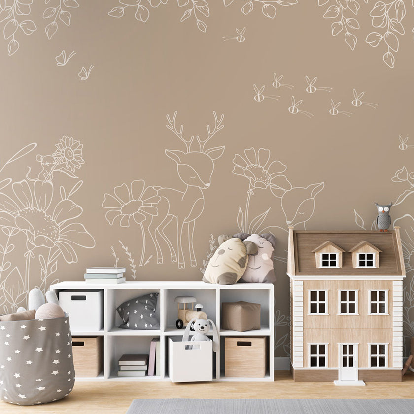 GDSE3571 Deer Doodles Wallpaper Mural Premium Peel and Stick Material 26in Wide x 9 ft. Brown White