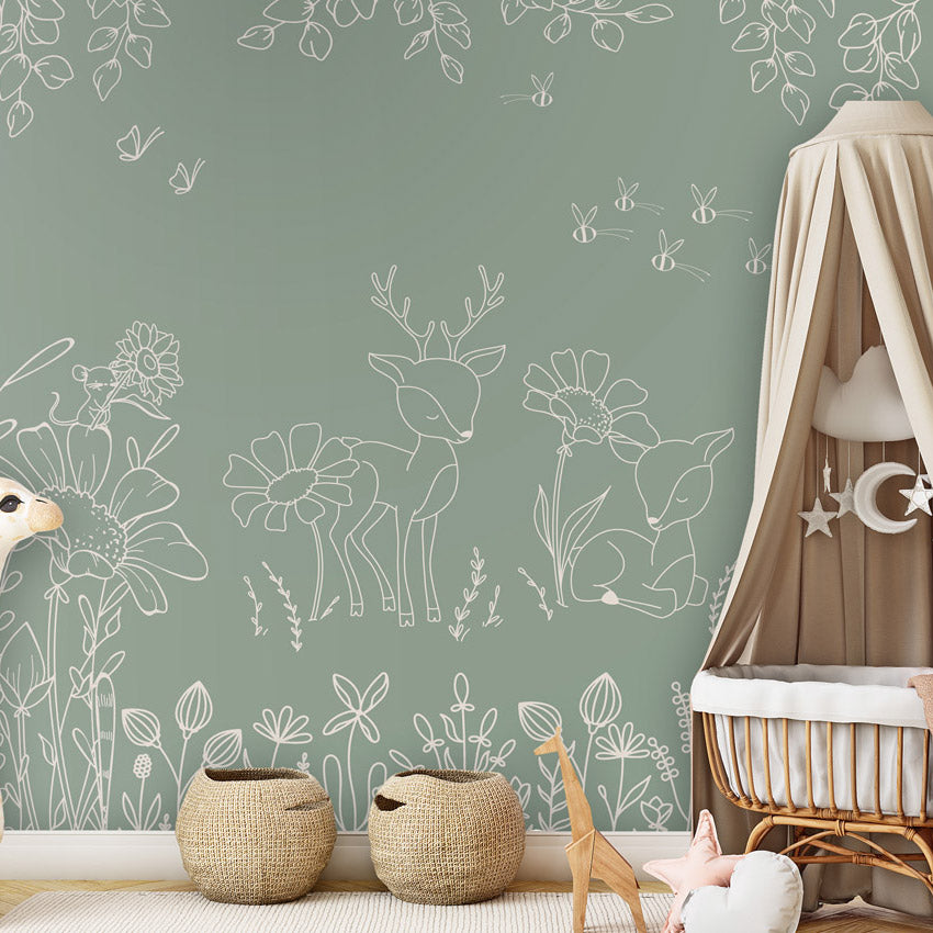 GDSE3572 Deer Doodles Wallpaper Mural Premium Peel and Stick Material 26in Wide x 9 ft. Green White