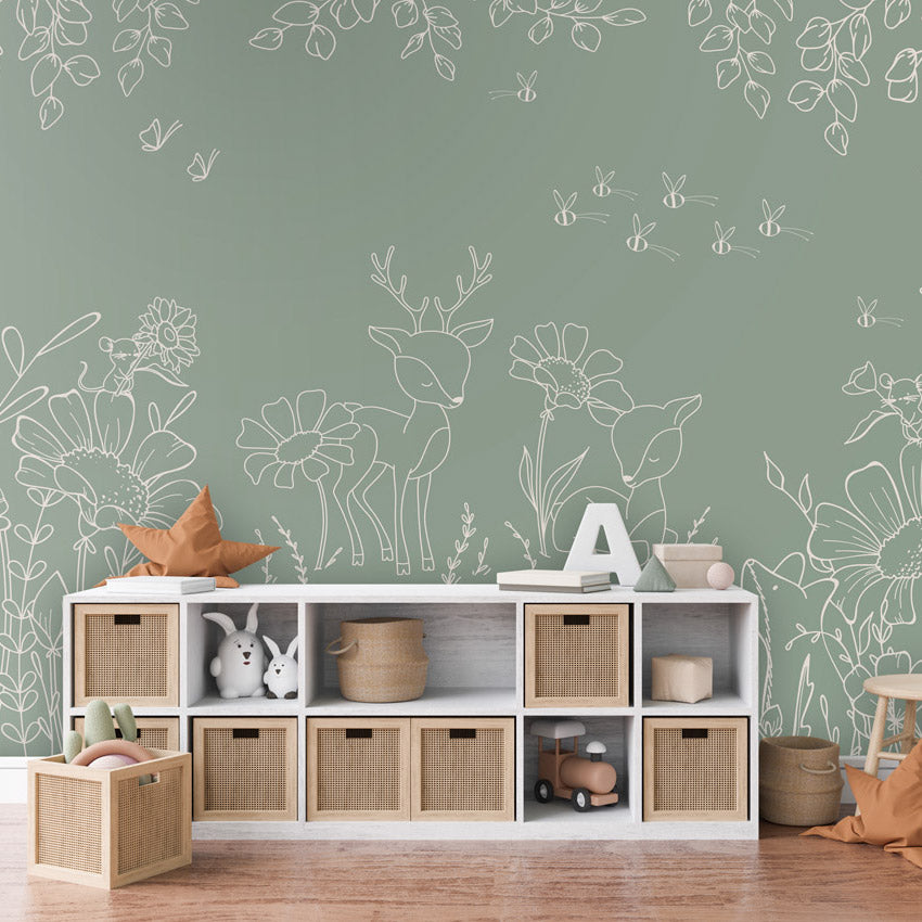 GDSE3572 Deer Doodles Wallpaper Mural Premium Peel and Stick Material 26in Wide x 9 ft. Green White