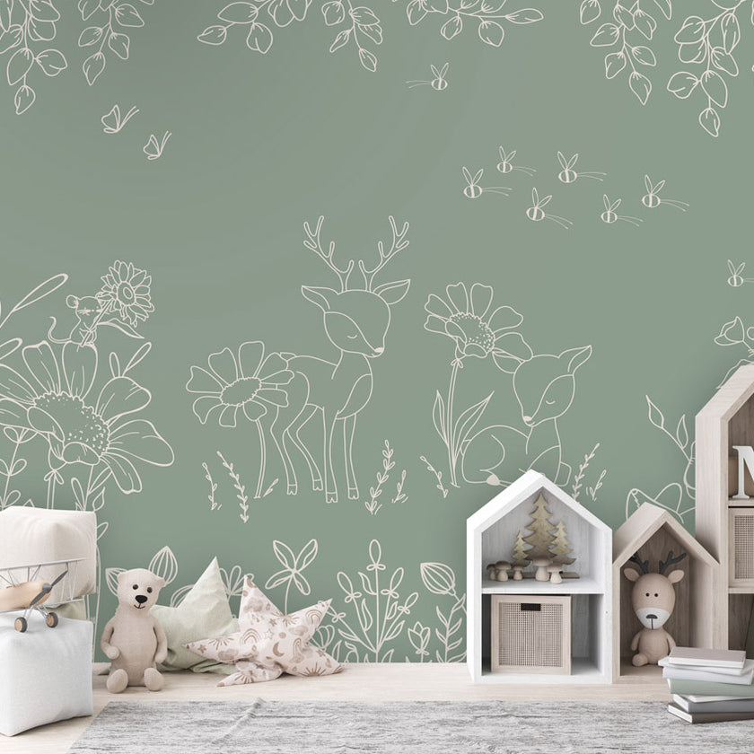 GDSE3572 Deer Doodles Wallpaper Mural Premium Peel and Stick Material 26in Wide x 9 ft. Green White