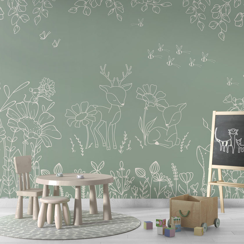 GDSE3572 Deer Doodles Wallpaper Mural Premium Peel and Stick Material 26in Wide x 9 ft. Green White