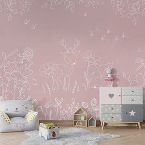 GDSE3573 Deer Doodles Wallpaper Mural Premium Peel and Stick Material 26in Wide x 9 ft. Pink White