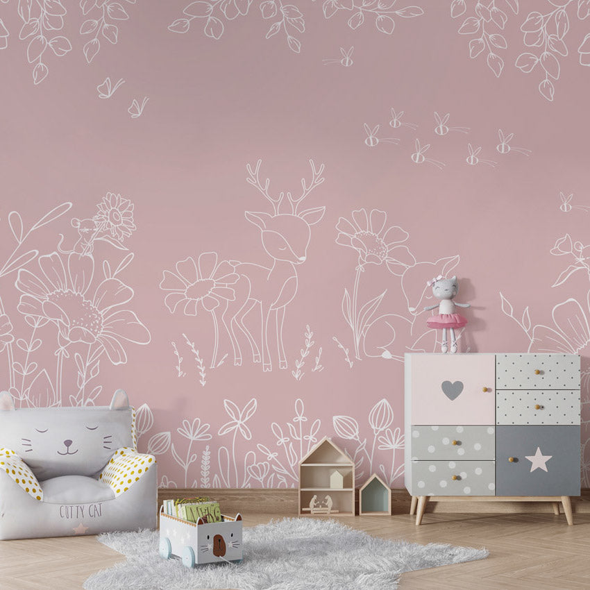 GDSE3573 Deer Doodles Wallpaper Mural Premium Peel and Stick Material 26in Wide x 9 ft. Pink White