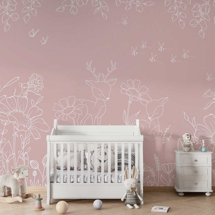 GDSE3573 Deer Doodles Wallpaper Mural Premium Peel and Stick Material 26in Wide x 9 ft. Pink White