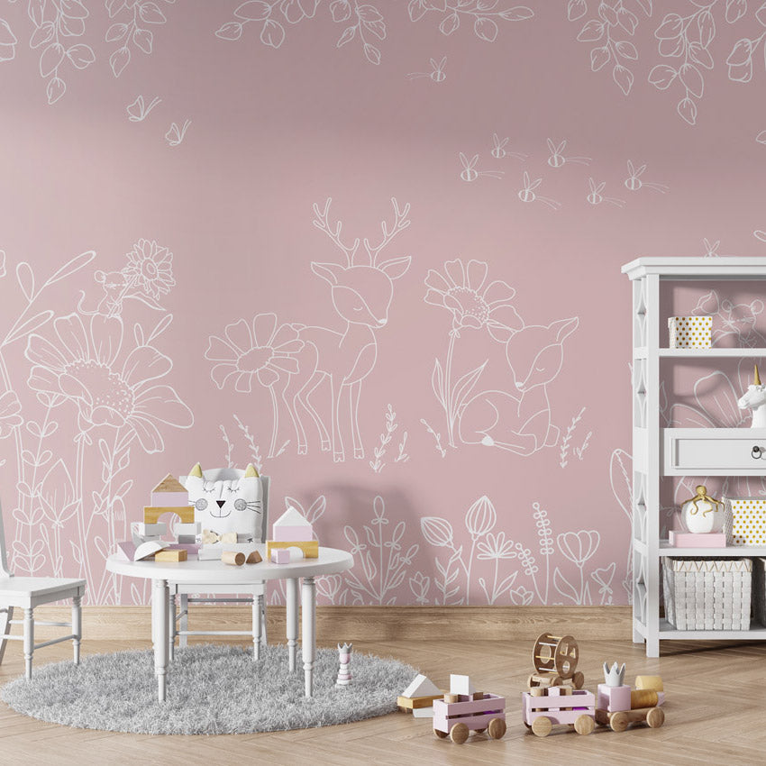 GDSE3573 Deer Doodles Wallpaper Mural Premium Peel and Stick Material 26in Wide x 9 ft. Pink White