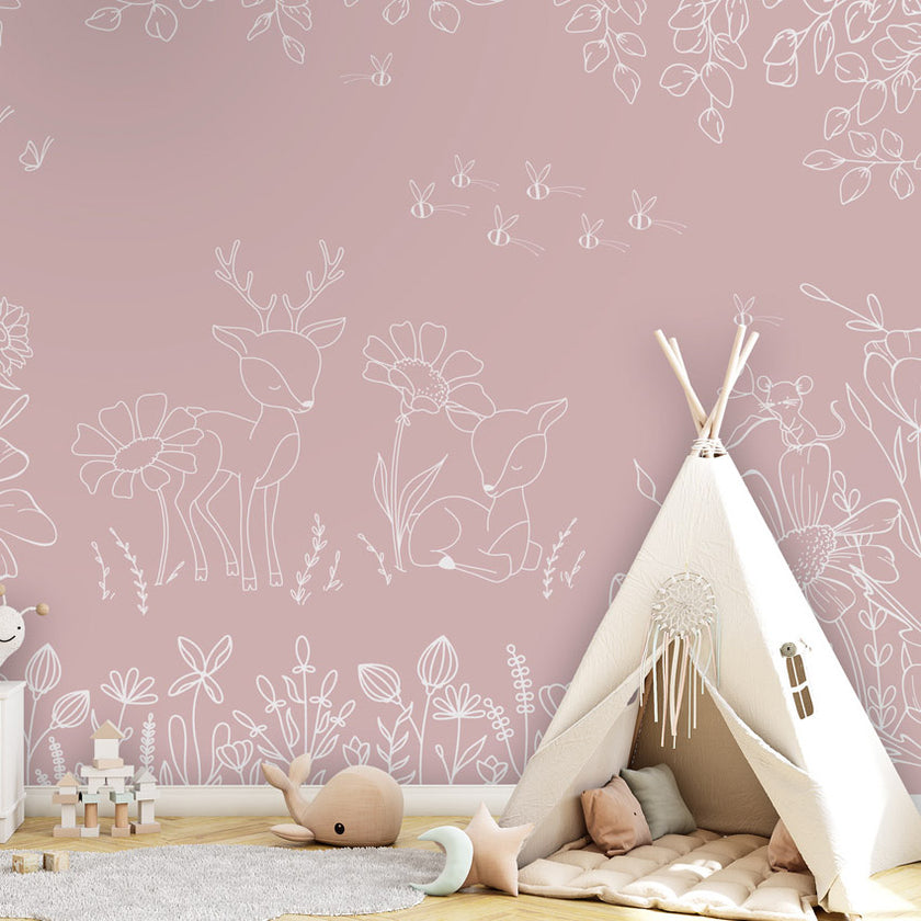 GDSE3573 Deer Doodles Wallpaper Mural Premium Peel and Stick Material 26in Wide x 9 ft. Pink White