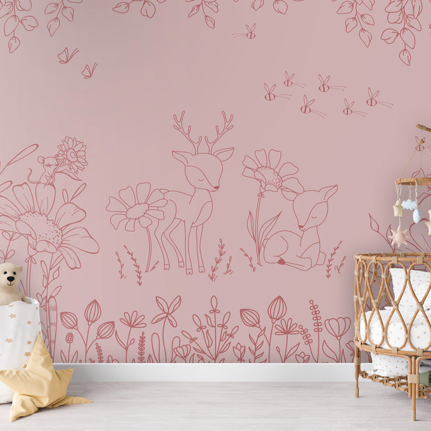 GDSE3574 Deer Doodles Wallpaper Mural Premium Peel and Stick Material 26in Wide x 9 ft. Dark Pink