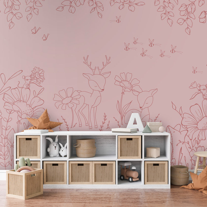 GDSE3574 Deer Doodles Wallpaper Mural Premium Peel and Stick Material 26in Wide x 9 ft. Dark Pink