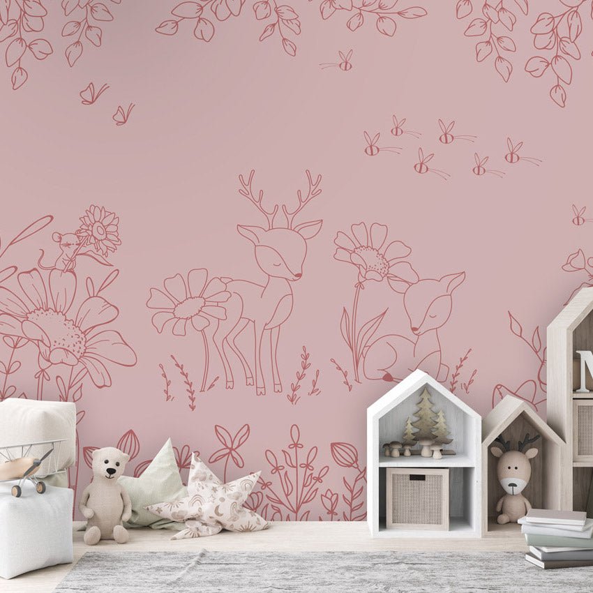 GDSE3574 Deer Doodles Wallpaper Mural Premium Peel and Stick Material 26in Wide x 9 ft. Dark Pink