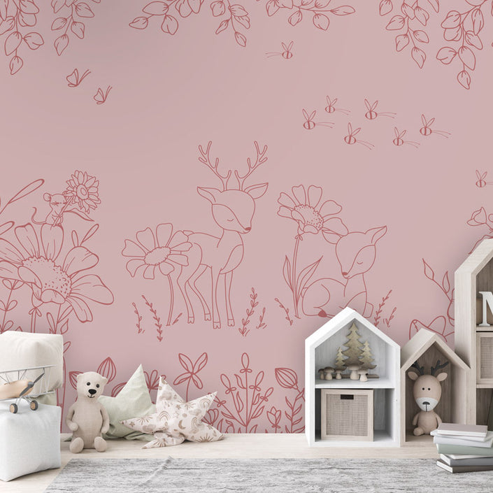 GDSE3574 Deer Doodles Wallpaper Mural Premium Peel and Stick Material 26in Wide x 9 ft. Dark Pink