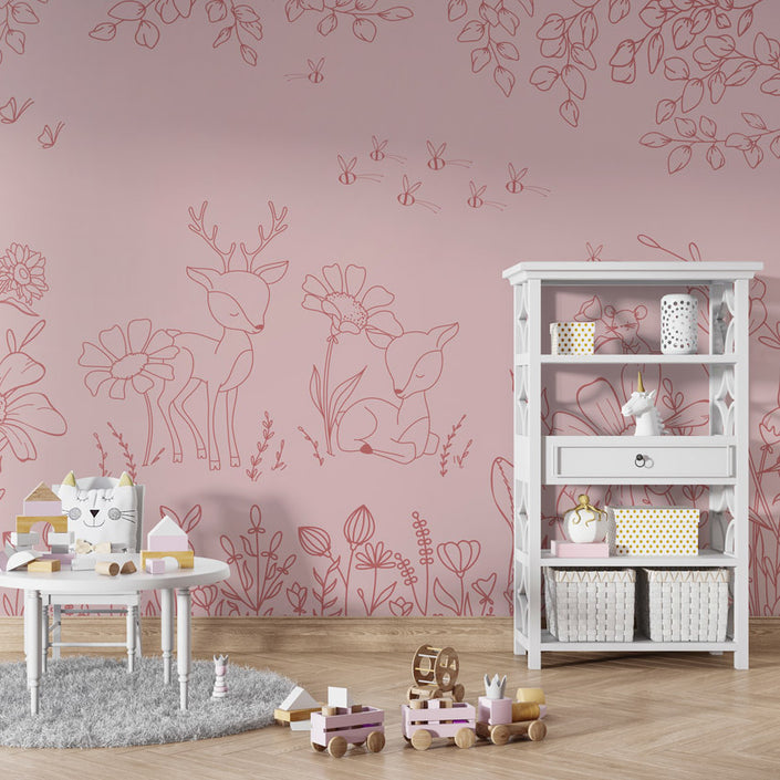 GDSE3574 Deer Doodles Wallpaper Mural Premium Peel and Stick Material 26in Wide x 9 ft. Dark Pink
