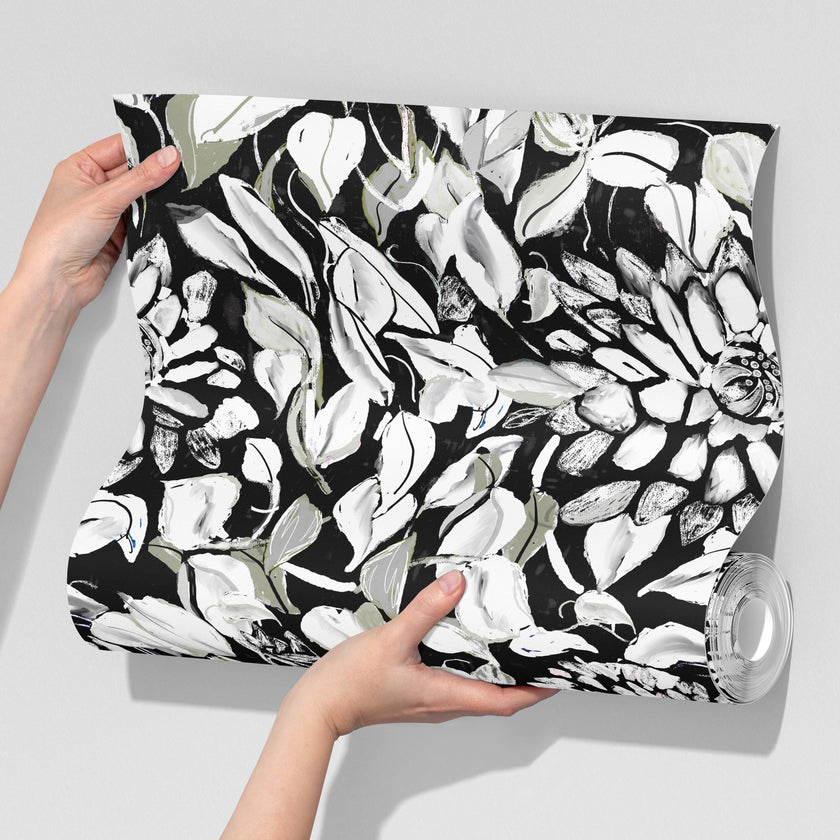 GDSL5003 Dahlias Premium Peel and Stick Wallpaper Panel 26 inch Wide in Light Teal White Black