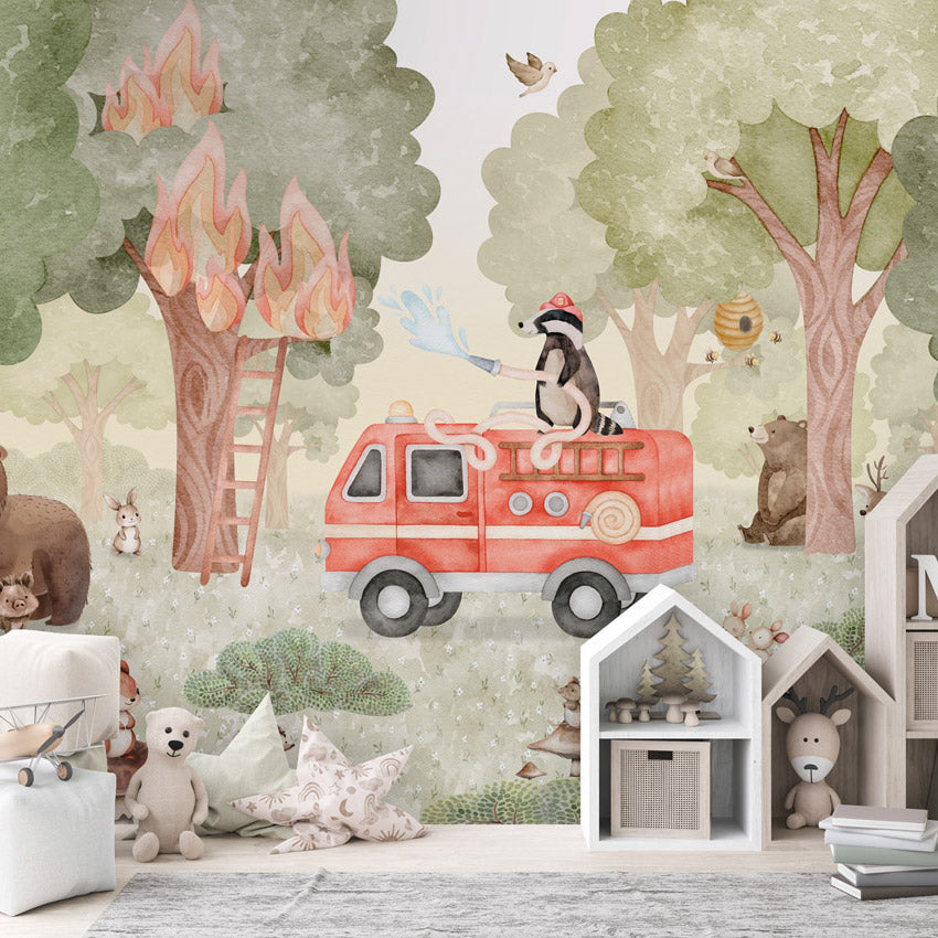 GDSE3590 Forest Fire Fighter Wallpaper Mural Premium Peel and Stick Material 26in Wide x 9 ft. Green