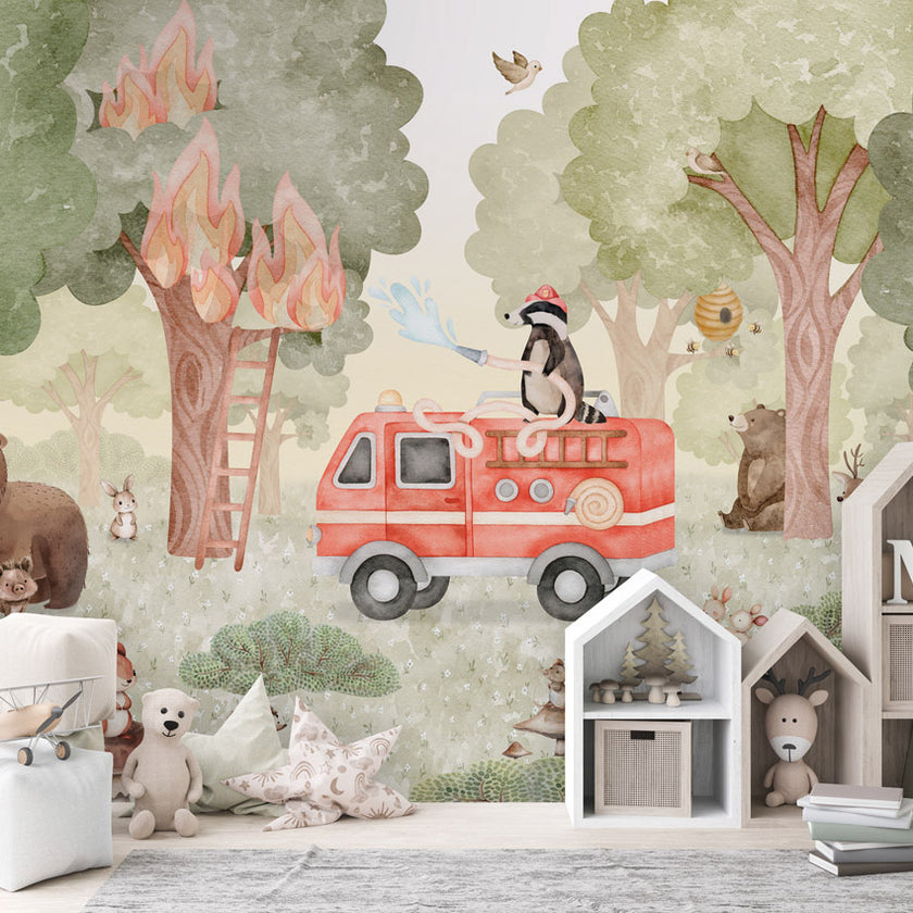 GDSE3590 Forest Fire Fighter Wallpaper Mural Premium Peel and Stick Material 26in Wide x 9 ft. Green