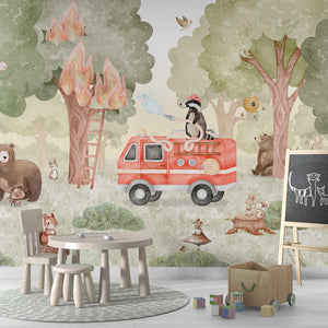 GDSE3590 Forest Fire Fighter Wallpaper Mural Premium Peel and Stick Material 26in Wide x 9 ft. Green
