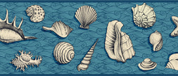 GB10022 Seashells On Waves Nautical Peel and Stick Wallpaper Border 10in or 8in Height x 15ft Long, Dark Blue Gray Off White