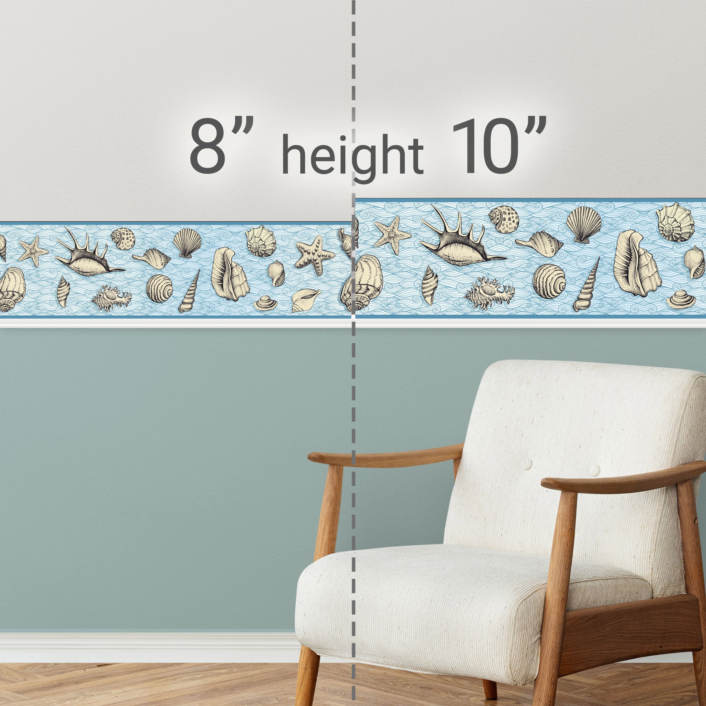 GB10024 Seashells On Waves Nautical Peel and Stick Wallpaper Border 10in or 8in Height x 15ft Long, Light Blue Gray Off White