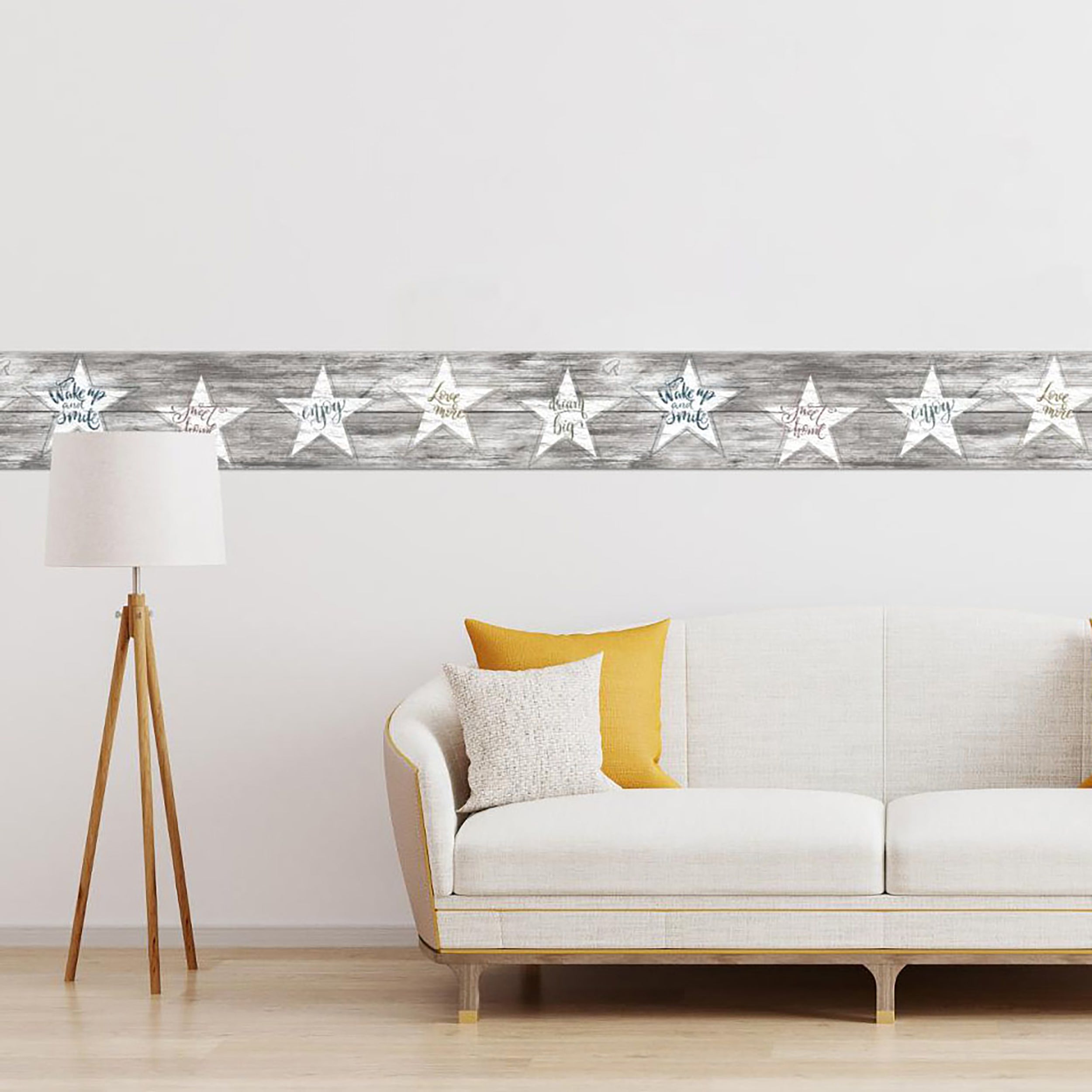 GB4030 Farmhouse Star Affirmation Distressed Wood Peel and Stick Wallpaper Border 10in or 8in Height x 15ft Long, Neutral Brown Gray Off White