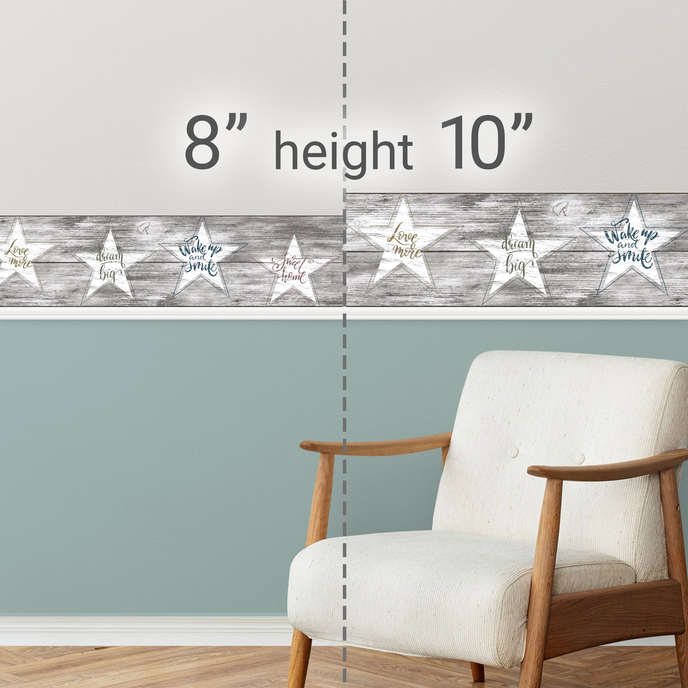 GB4030 Farmhouse Star Affirmation Distressed Wood Peel and Stick Wallpaper Border 10in or 8in Height x 15ft Long, Neutral Brown Gray Off White