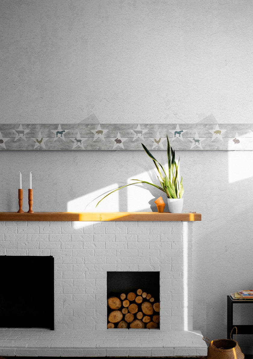 GB4032 Farmhouse Colorful Animals Distressed Wood Peel and Stick Wallpaper Border 10in or 8in Height x 15ft Long, Soft Gray Neutral Off White Blue Brown