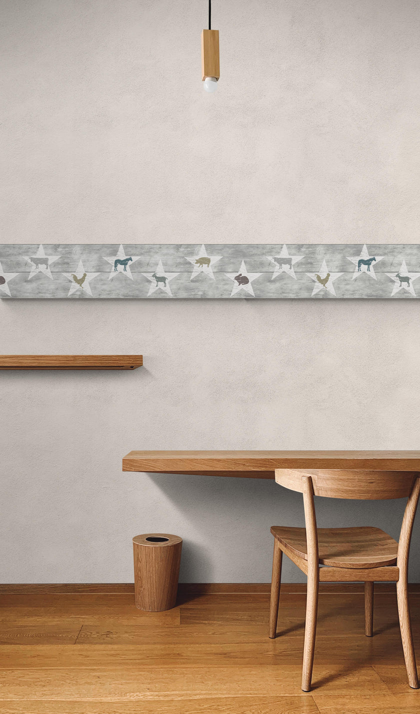GB4032 Farmhouse Colorful Animals Distressed Wood Peel and Stick Wallpaper Border 10in or 8in Height x 15ft Long, Soft Gray Neutral Off White Blue Brown