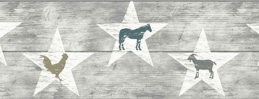 GB4032 Farmhouse Colorful Animals Distressed Wood Peel and Stick Wallpaper Border 10in or 8in Height x 15ft Long, Soft Gray Neutral Off White Blue Brown