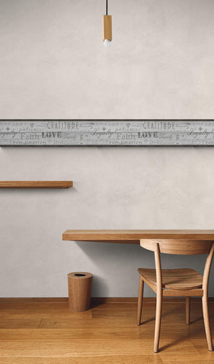 GB4033 Farmhouse Values Typography Inspirational Words Distressed Wood Peel and Stick Wallpaper Border 10in or 8in Height x 15ft Long, Soft Gray Neutral Off White