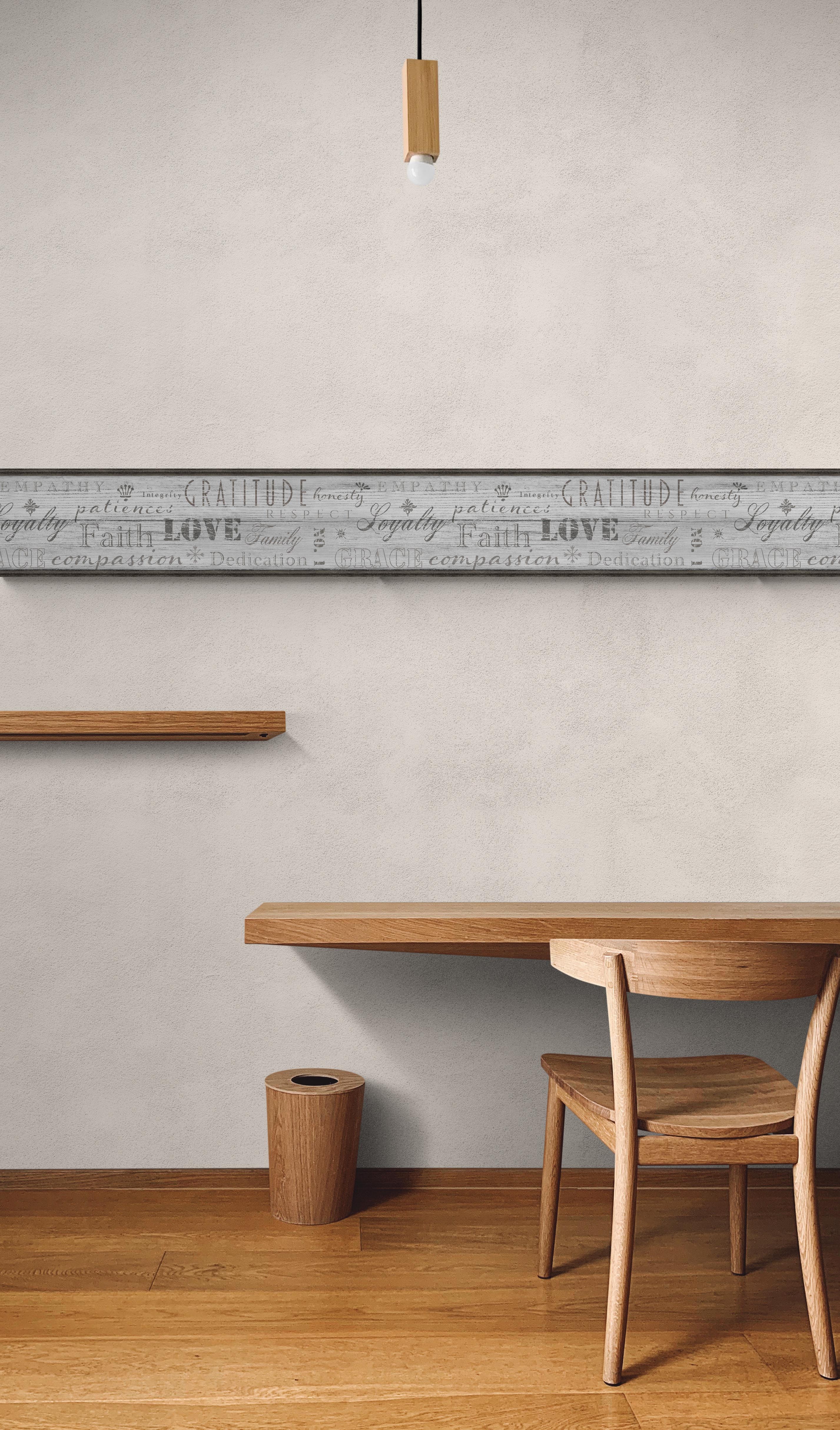 GB4033 Farmhouse Values Typography Inspirational Words Distressed Wood Peel and Stick Wallpaper Border 10in or 8in Height x 15ft Long, Soft Gray Neutral Off White