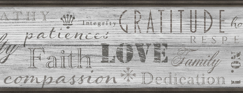 GB4033 Farmhouse Values Typography Inspirational Words Distressed Wood Peel and Stick Wallpaper Border 10in or 8in Height x 15ft Long, Soft Gray Neutral Off White