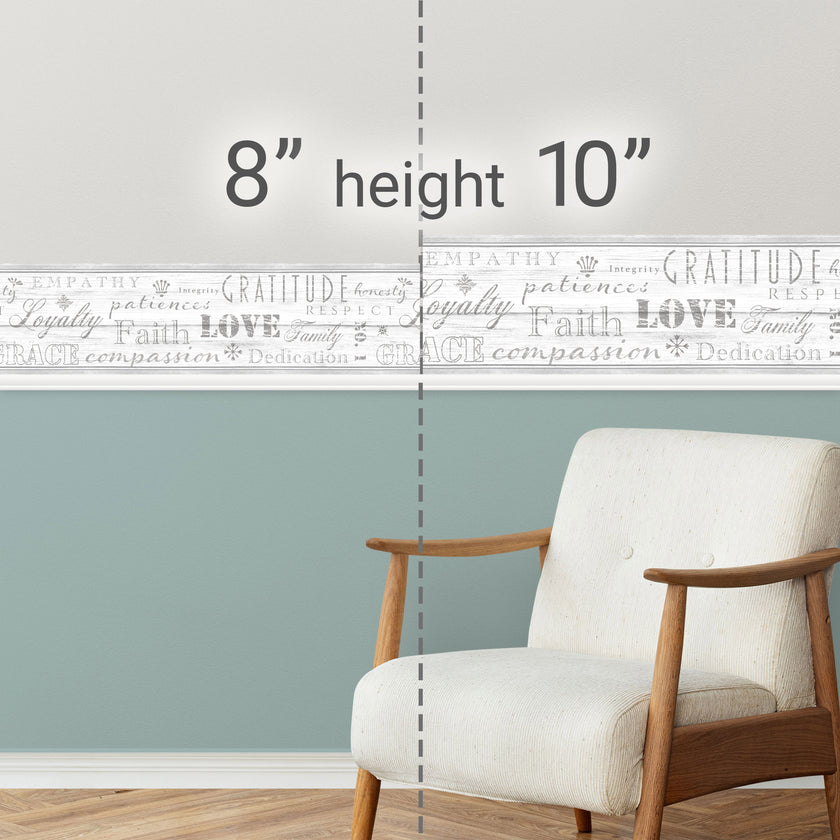 GB4034 Distressed Wood Farmhouse Values Typography Inspirational Words Peel and Stick Wallpaper Border 15Ft long Soft Off White Cream