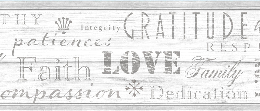 GB4034 Distressed Wood Farmhouse Values Typography Inspirational Words Peel and Stick Wallpaper Border 15Ft long Soft Off White Cream