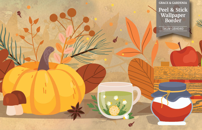 GB4040 Cozy Autumn Peel and Stick Wallpaper Border 10in or 8in Height x 15ft Long Brown Orange Tan Green