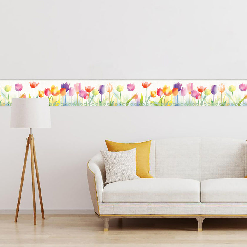 GB5010 Spring Tulips Peel and Stick Wallpaper Border 10in or 8in Height x 15ft Long Purple Orange Pink