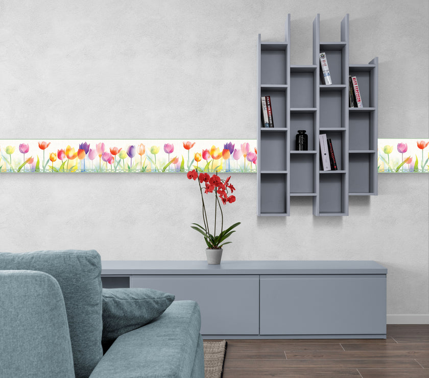 GB5010 Spring Tulips Peel and Stick Wallpaper Border 10in or 8in Height x 15ft Long Purple Orange Pink
